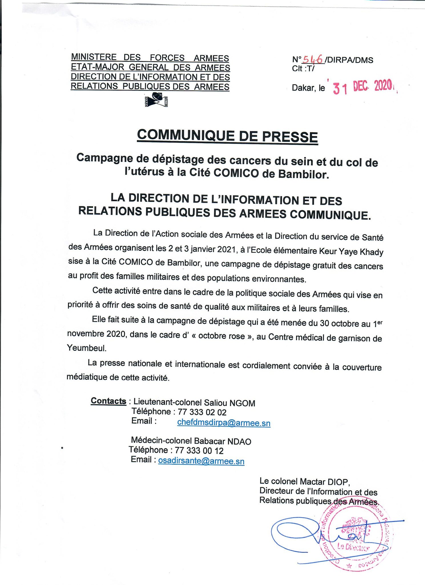 Les Armees senegalaises organisent une campagne de dépistage gratuit des cancers du sein et du col de l'utérus à la Cite COMICO de Bambilor 