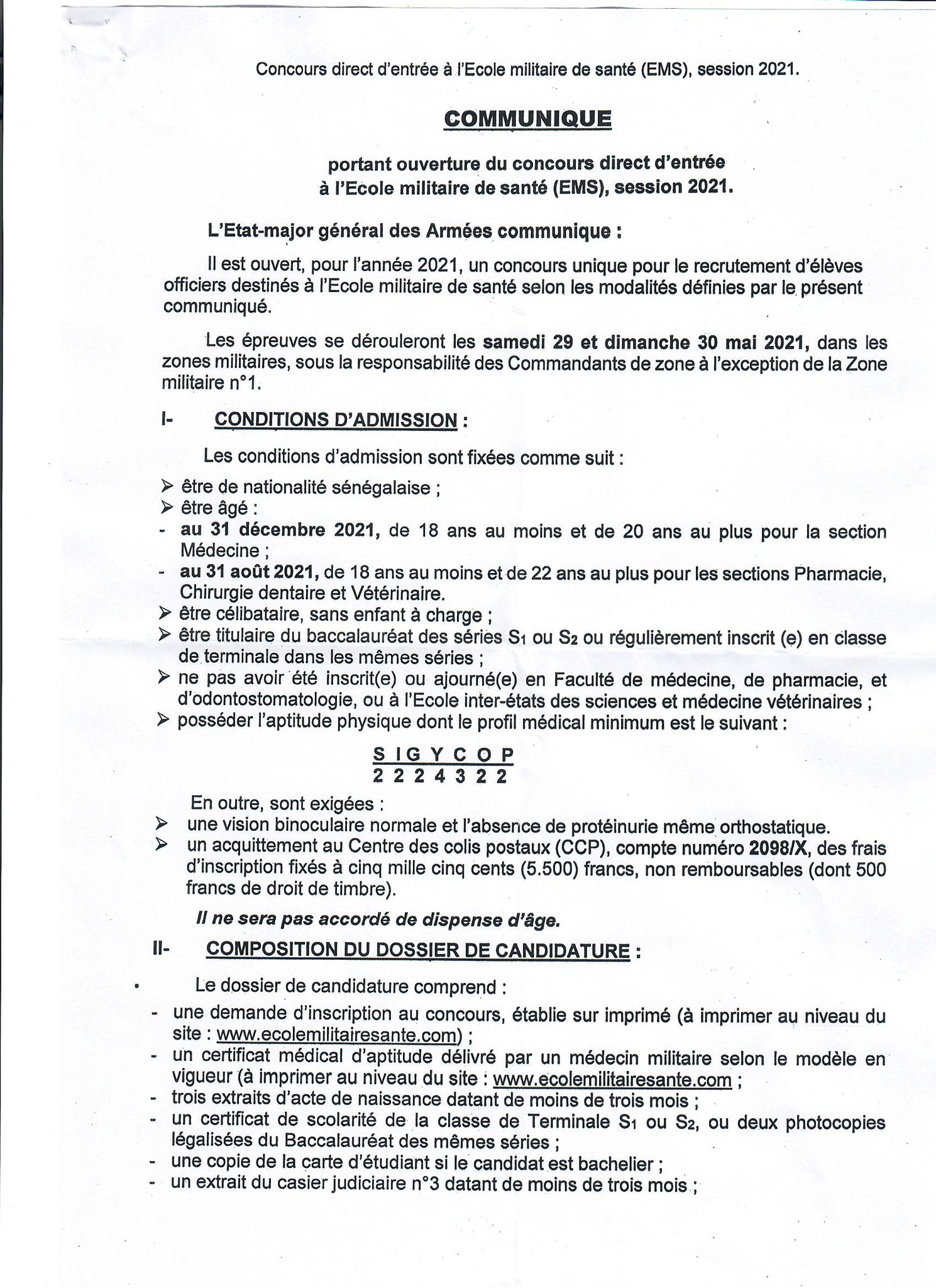 concours d'admission à l' Ecole militaire de santé ( EMS) session 2021.