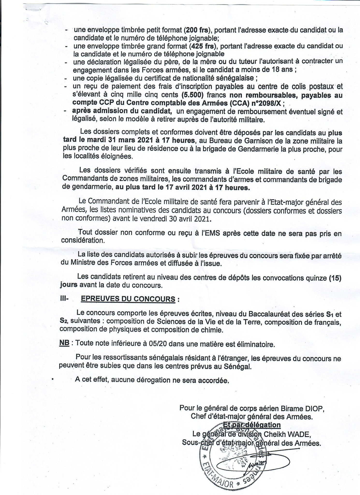 concours d'admission à l' Ecole militaire de santé ( EMS) session 2021.