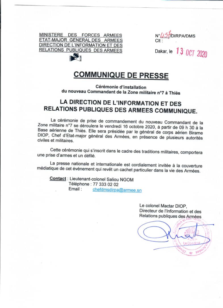 Cérémonie d'installation du nouveau Commandant de la Zone militaire n°7 à Thies.